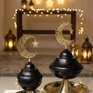 luxury ramadan dates serving bowl with crescent & star – black & gold islamic serving dish with bottom tray