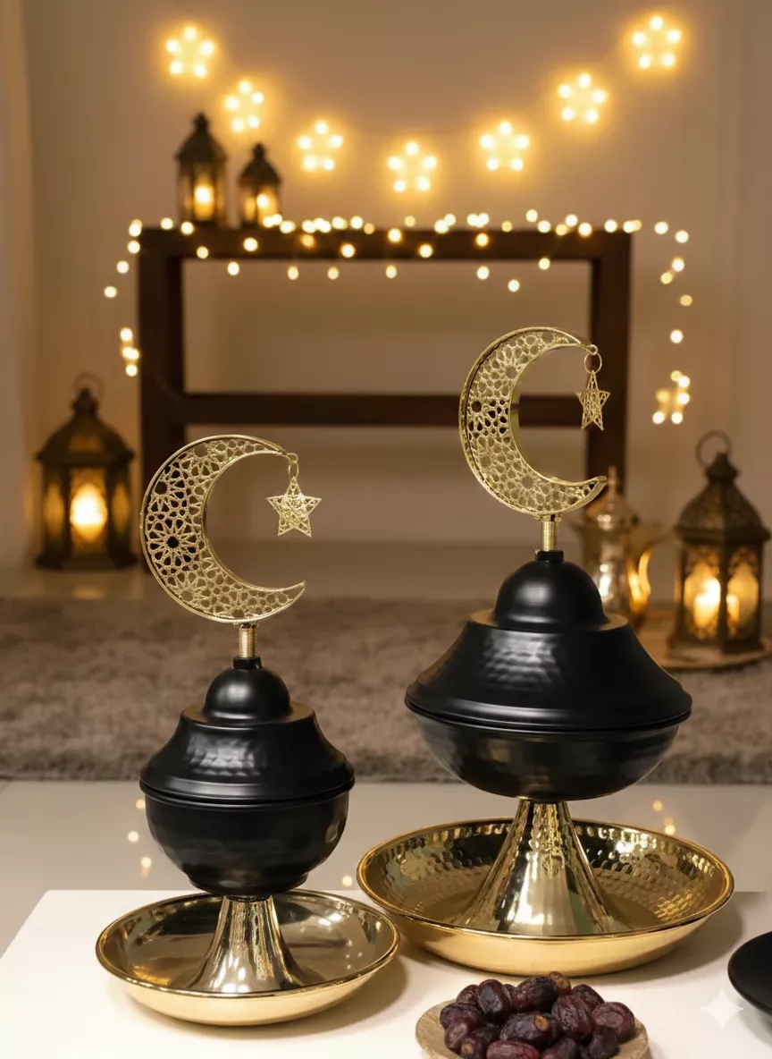 luxury ramadan dates serving bowl with crescent & star – black & gold islamic serving dish with bottom tray