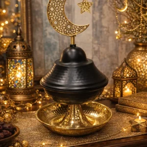 luxury ramadan dates serving bowl with crescent star black gold islamic serving dish with bottom tray 01