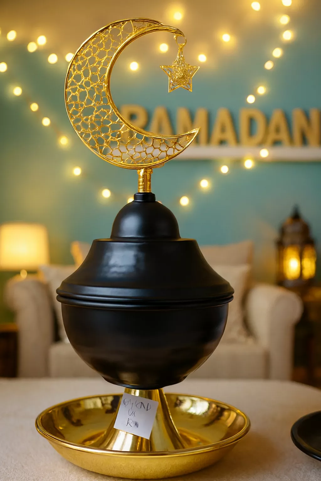 luxury ramadan dates serving bowl with crescent star black gold islamic serving dish with bottom tray 02