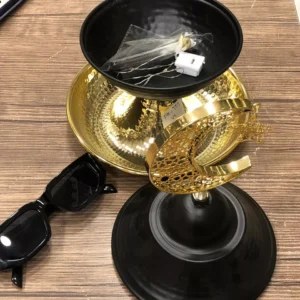luxury ramadan dates serving bowl with crescent & star – black & gold islamic serving dish with bottom tray