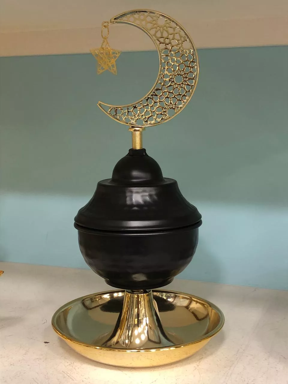 luxury ramadan dates serving bowl with crescent & star – black & gold islamic serving dish with bottom tray
