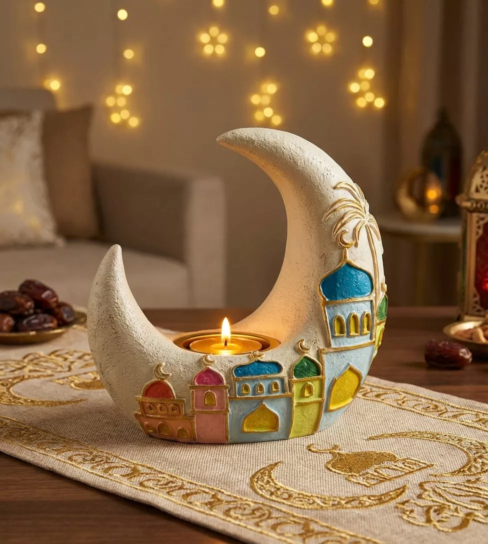 ramadan crescent candle holder – golden mosque design with tealight