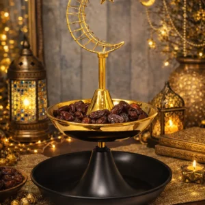 ramadan crescent moon decor with led light black & gold tiered dish ornament