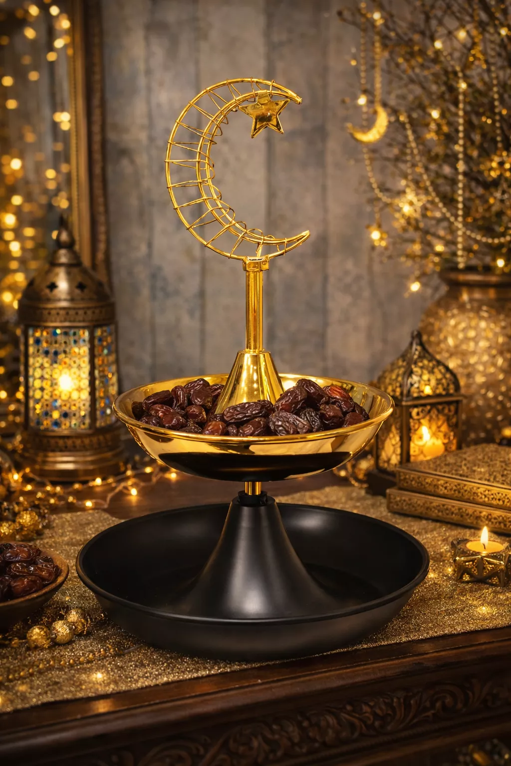ramadan crescent moon decor with led light black & gold tiered dish ornament