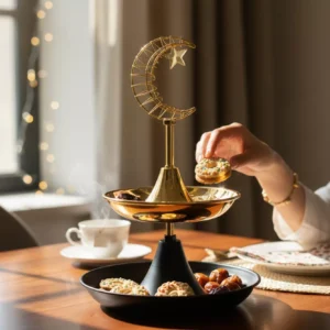 ramadan crescent moon decor with led light black & gold tiered dish ornament