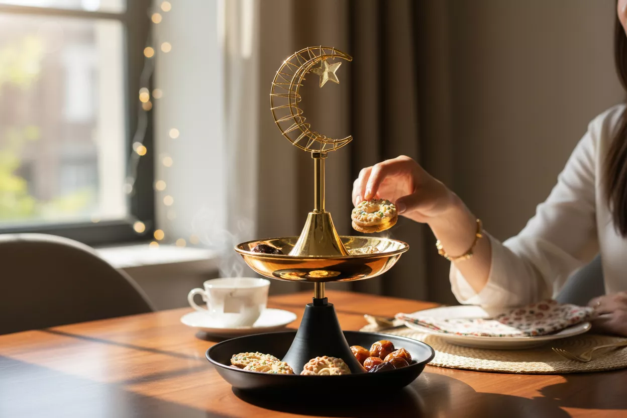 ramadan crescent moon decor with led light black & gold tiered dish ornament