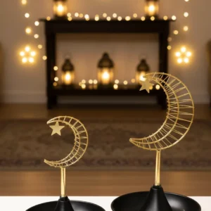 ramadan crescent moon & star decor black & gold ornamental dish with lantern style base