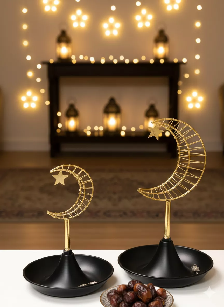 ramadan crescent moon & star decor black & gold ornamental dish with lantern style base