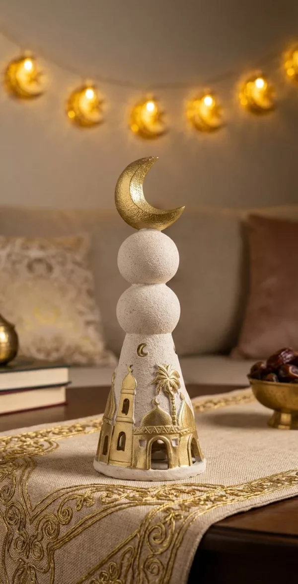 ramadan decorative centerpiece – golden crescent moon & islamic architecture ornament ramadan decorative centerpiece – golden crescent moon & islamic architecture ornament