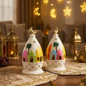 ramadan dome ornaments – golden crescent mosque decor with palm motifs