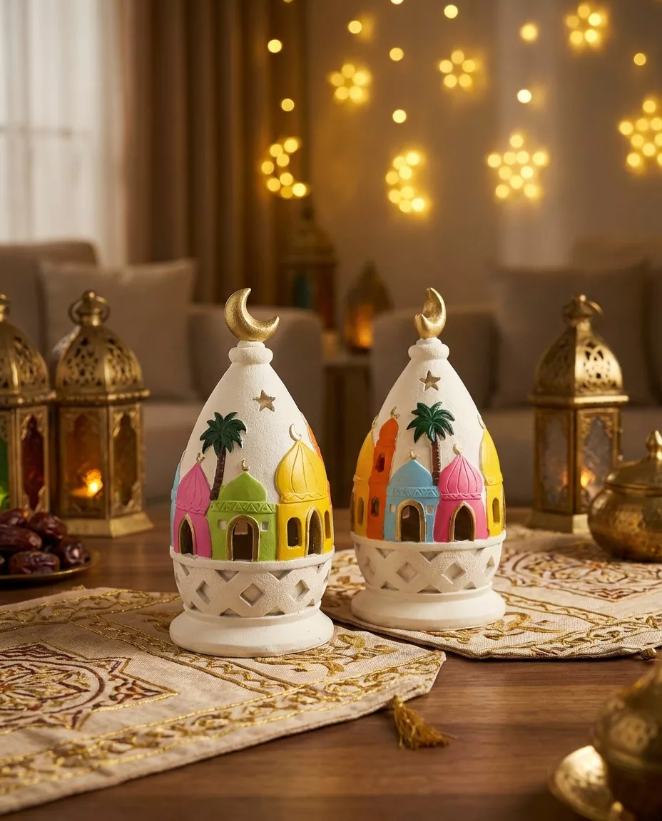 ramadan dome ornaments – golden crescent mosque decor with palm motifs