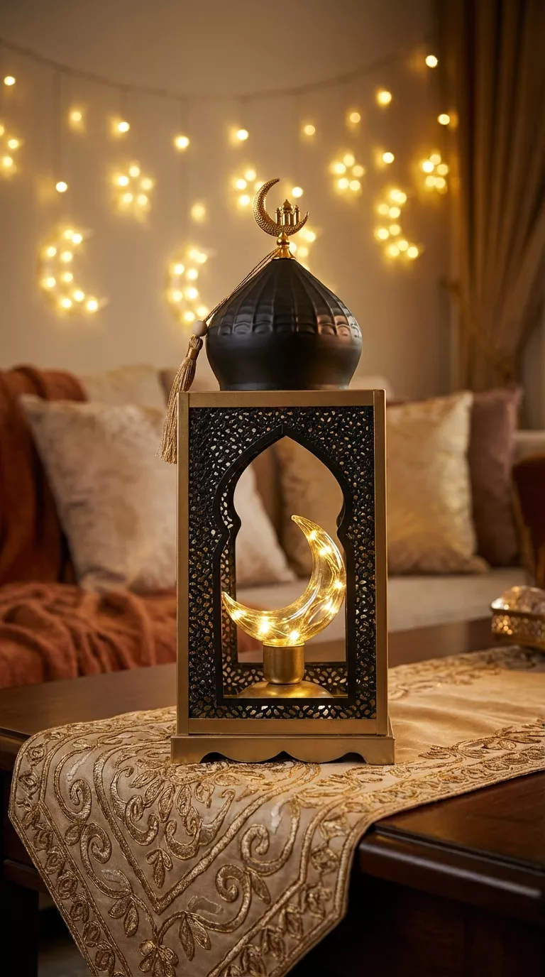 ramadan lantern centerpiece – black & gold decor with crescent moon light