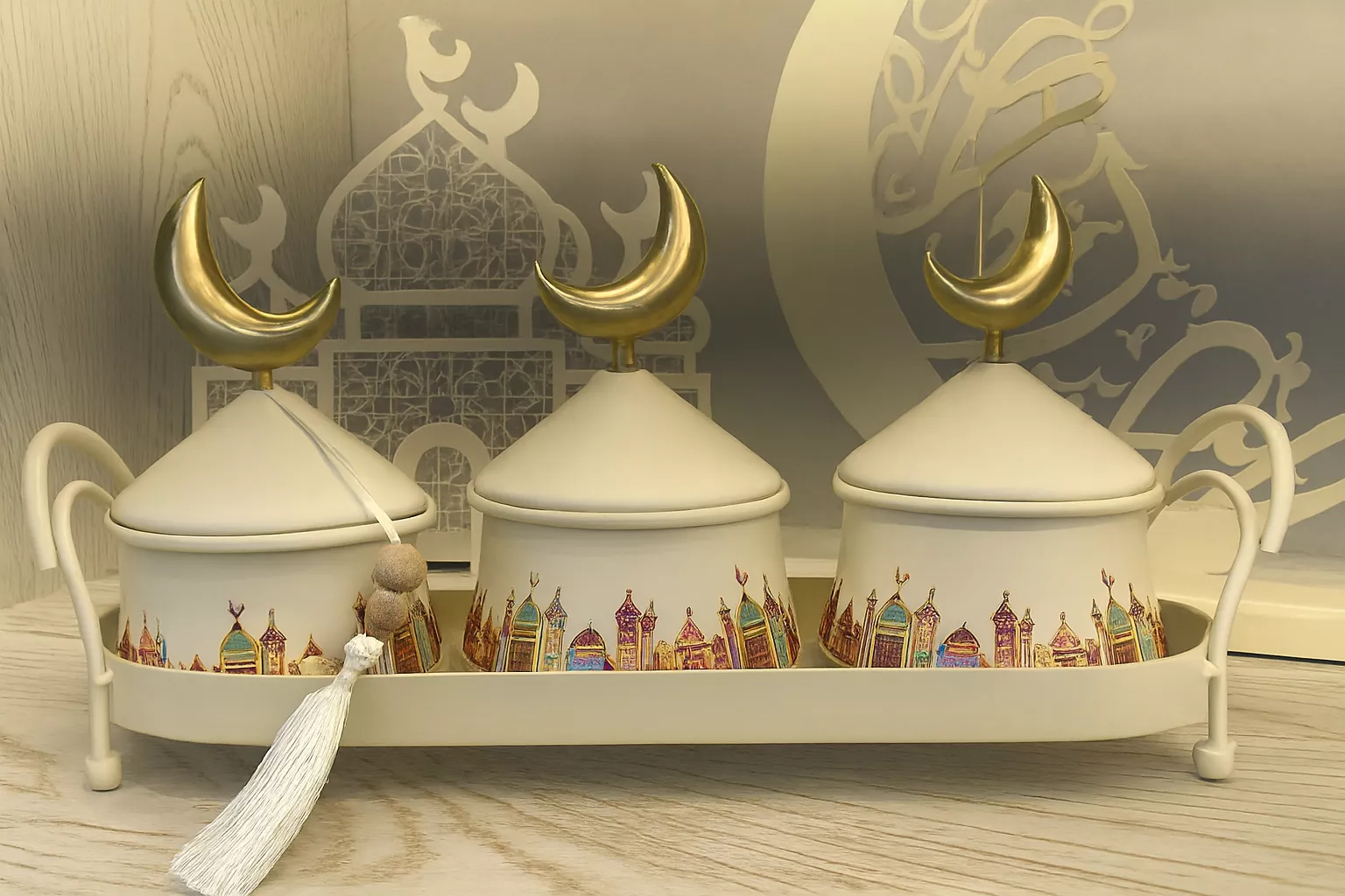 ramadan metal spice jar set 3 pcs crescent top mosque motif