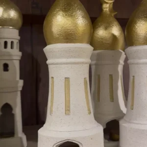 ramadan minaret lanterns – white & gold decor with crescent dome