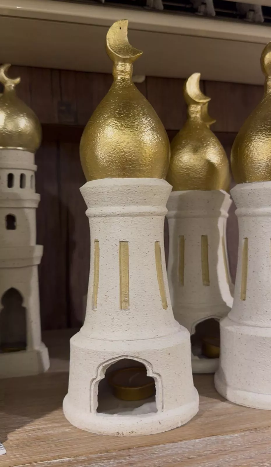 ramadan minaret lanterns – white & gold decor with crescent dome