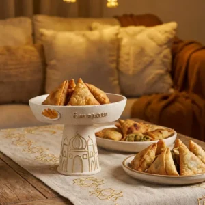 ramadan serving bowl – decorative pedestal dish with mosque motif