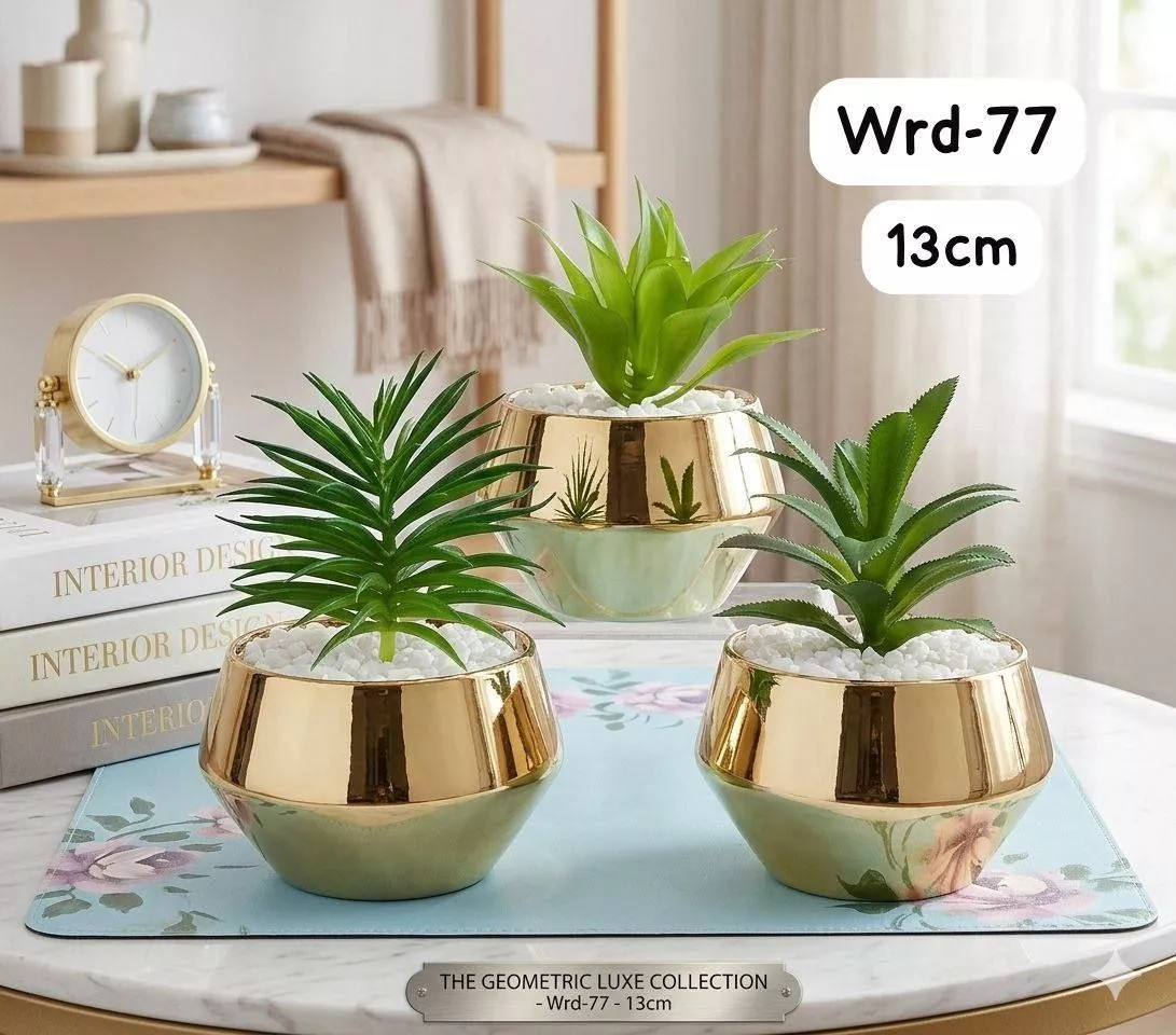 luxury mini artificial plant pots set 13cm – 3 assorted designs in modern gold planters for home & office decor
