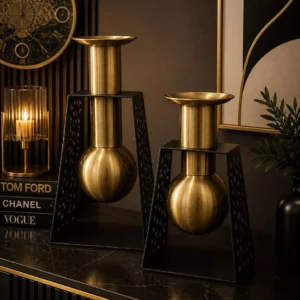 Home luxury globe gold vase with black tower stand set two piece modern geometric mesh table decor