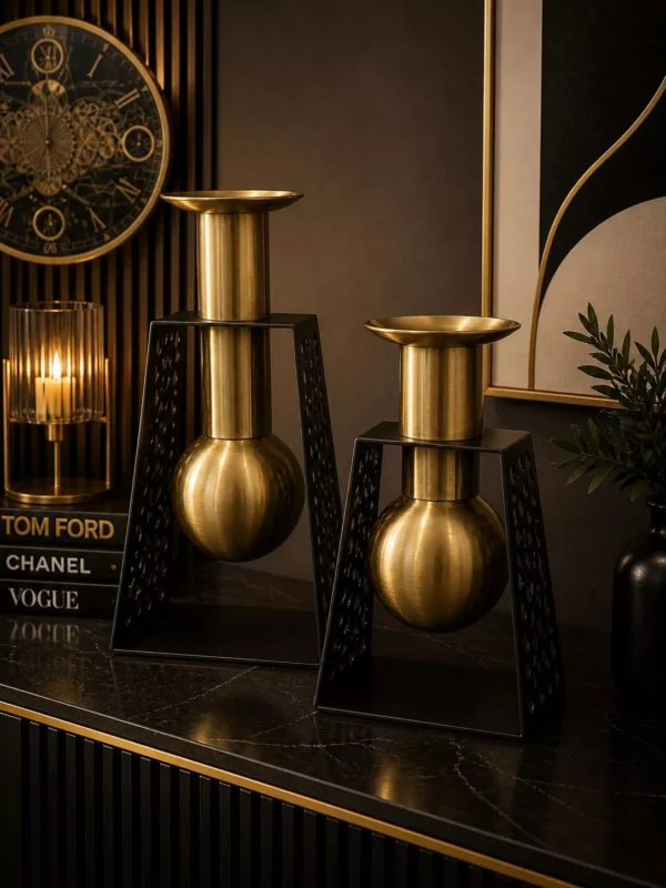 luxury globe gold vase with black tower stand set two piece modern geometric mesh table decor luxury globe gold vase with black tower stand set two piece modern geometric mesh table decor