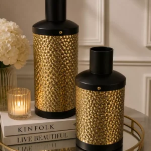 Home luxury hammered gold & matte black vase set two pieces textured honeycomb table centerpiece