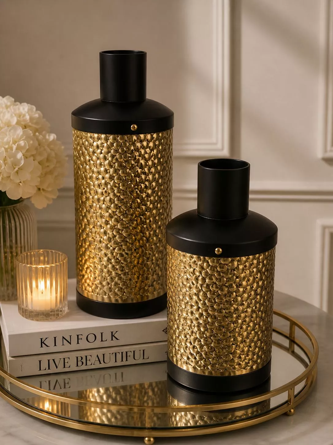 luxury hammered gold & matte black vase set two pieces textured honeycomb table centerpiece