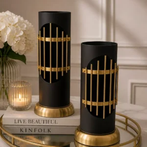 luxury matte black & gold wire cage vase set two pieces modern geometric table sculptures