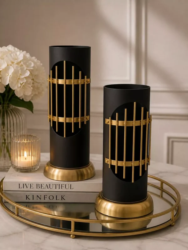 luxury matte black & gold wire cage vase set two pieces modern geometric table sculptures luxury matte black & gold wire cage vase set two pieces modern geometric table sculptures