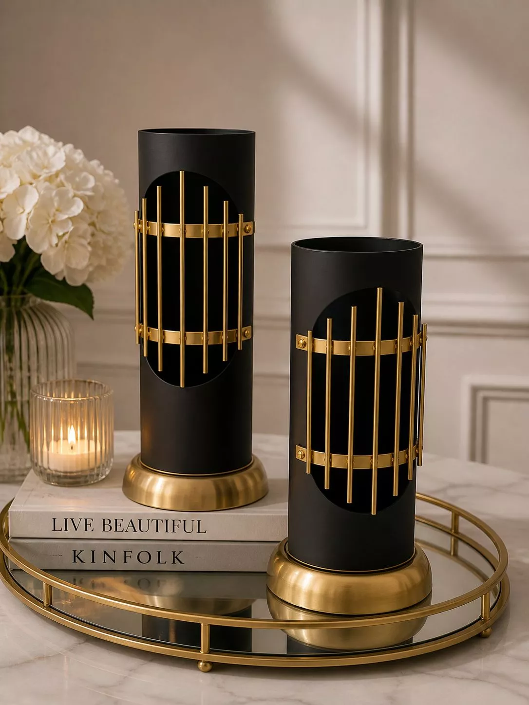 luxury matte black & gold wire cage vase set two pieces modern geometric table sculptures