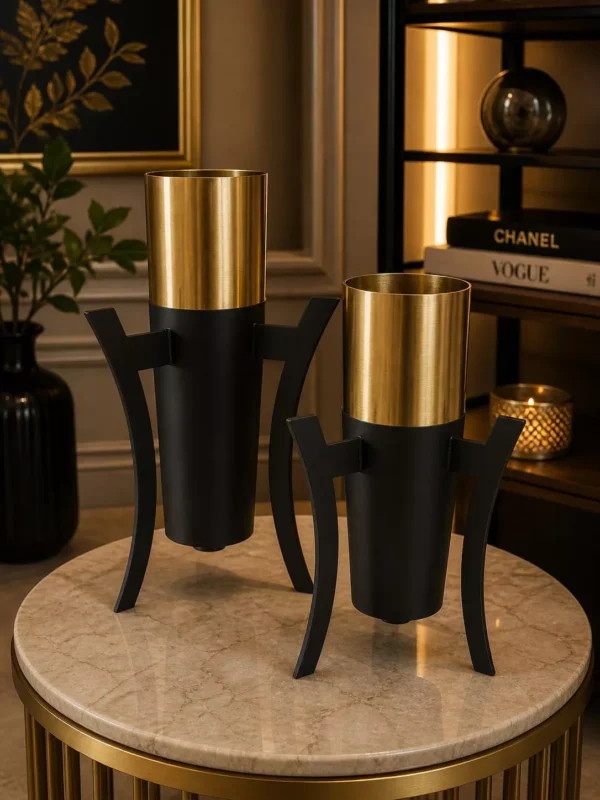 luxury mid century black & gold tripod vase set two pieces architectural pedestal table decor luxury mid century black & gold tripod vase set two pieces architectural pedestal table decor