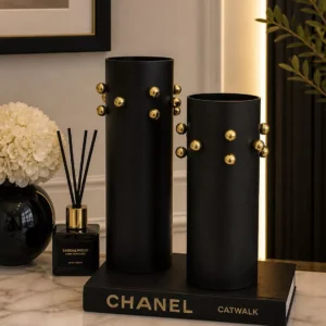 Home modern matte black studded vase set two pieces luxury gold beaded cylinder table decor