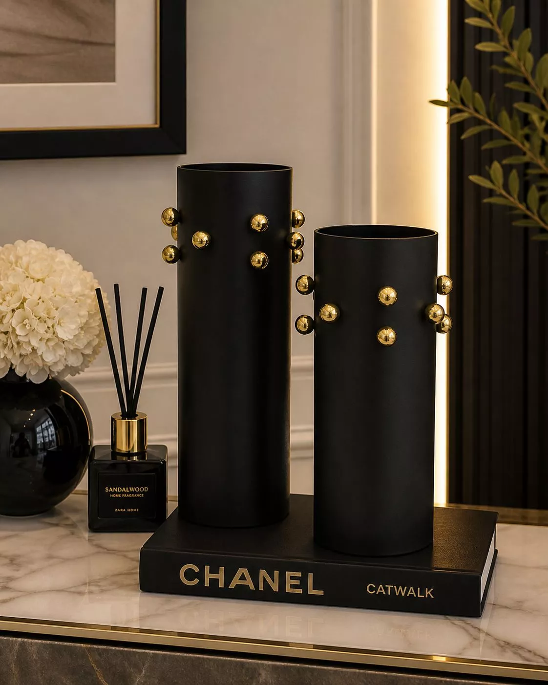 modern matte black studded vase set two pieces luxury gold beaded cylinder table decor