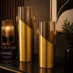 Home premium amber glass & brushed gold vase set two piece modern asymmetrical cylinder table decor