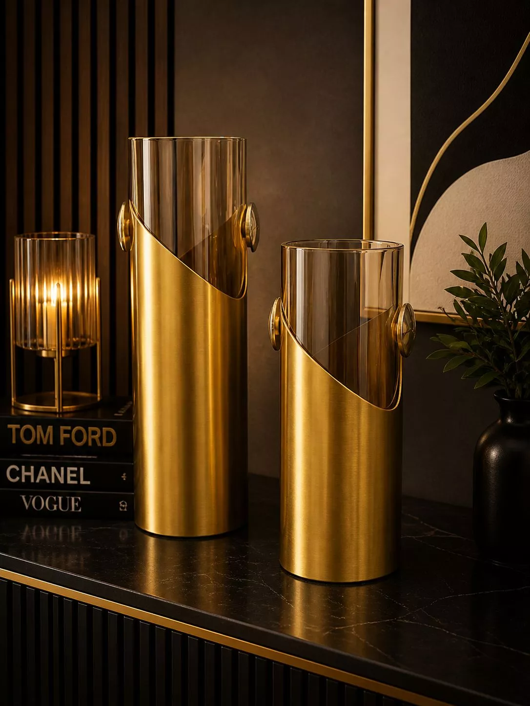 premium amber glass & brushed gold vase set two piece modern asymmetrical cylinder table decor