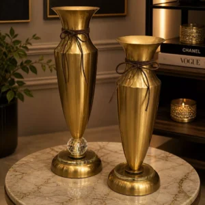 premium antique gold brass vase set two pieces elegant table centerpiece with crystal base & leather accent