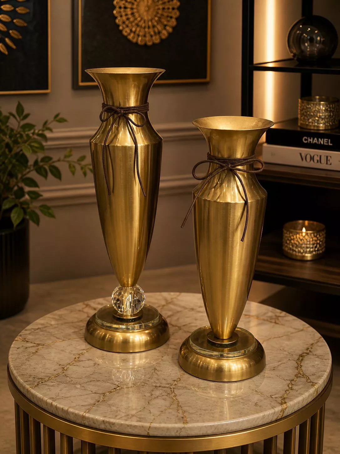 premium antique gold brass vase set two pieces elegant table centerpiece with crystal base & leather accent