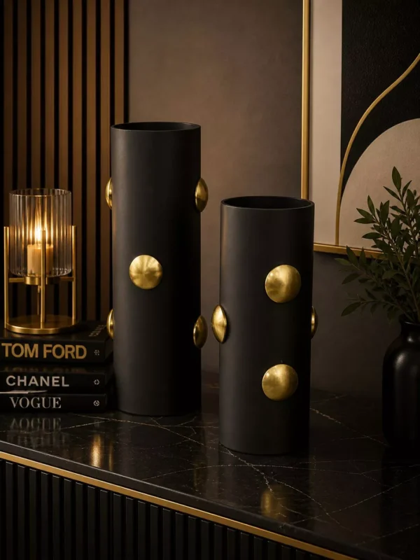 premium black & gold medallion vase set two pieces modern minimalist accent table sculptures premium black & gold medallion vase set two pieces modern minimalist accent table sculptures