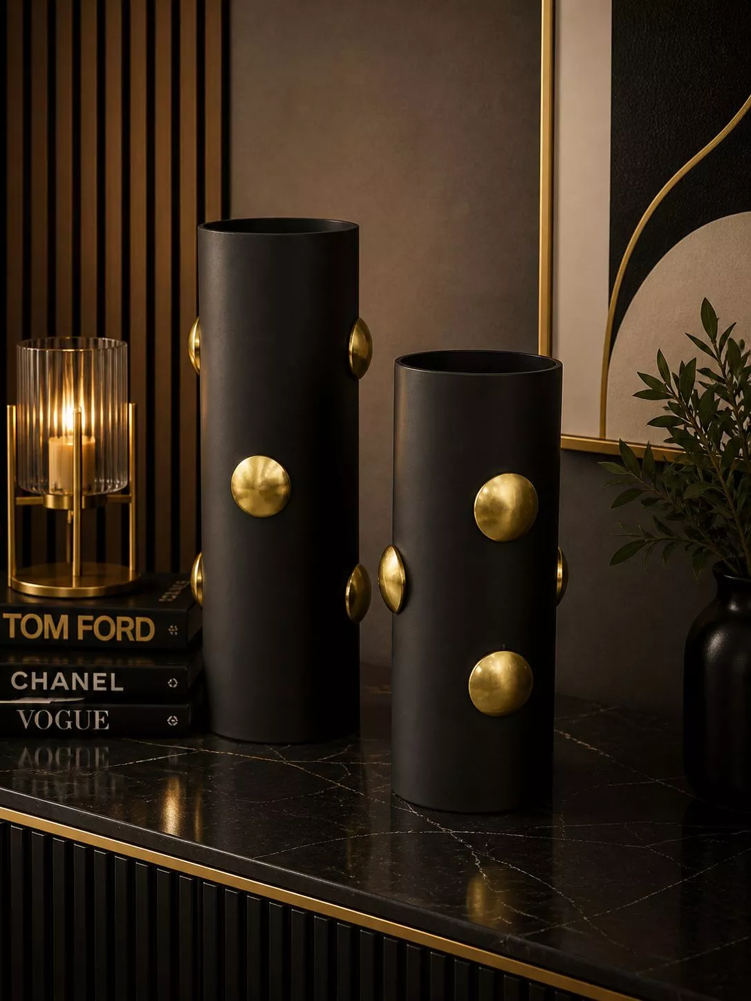 premium black & gold medallion vase set two pieces modern minimalist accent table sculptures