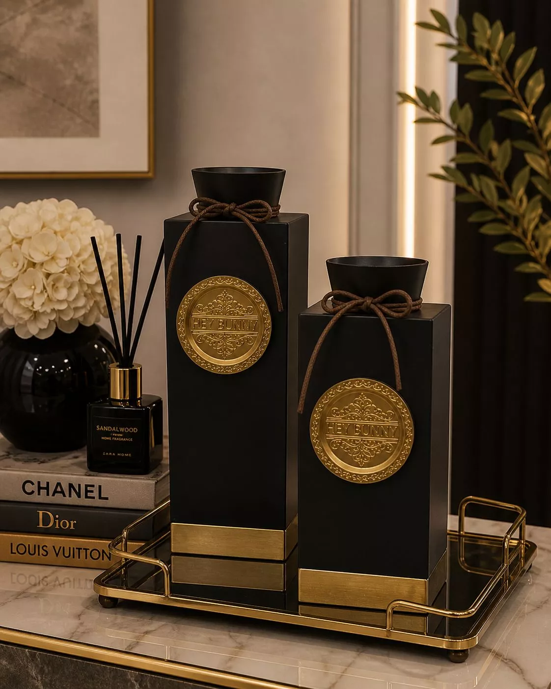 premium black & gold rectangular vase set two piece luxury boutique table accent with embossed emblem