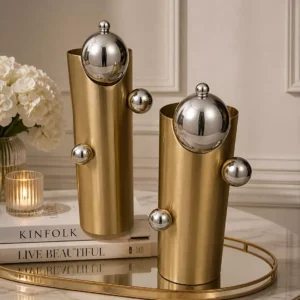 Home premium brushed gold & chrome orb vase set two pieces modern asymmetrical mixed metal table sculptures