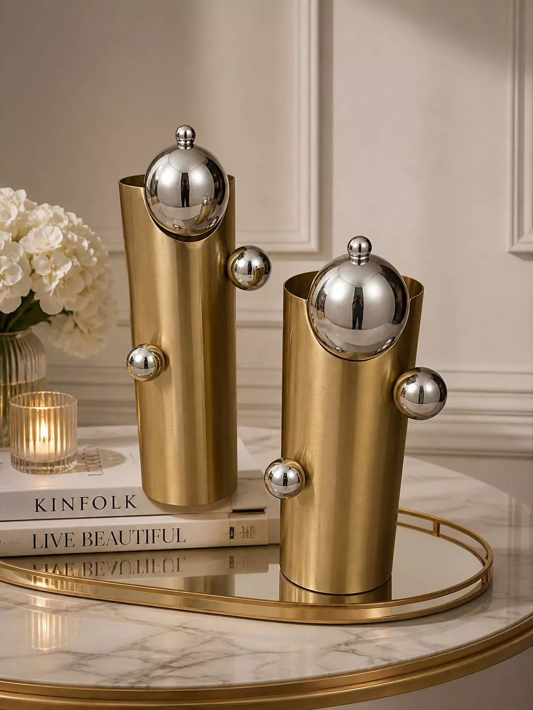 premium brushed gold & chrome orb vase set two pieces modern asymmetrical mixed metal table sculptures