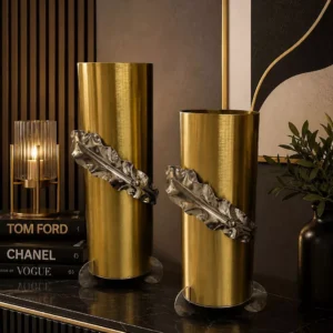 Home premium brushed gold vase with sculptural silver leaf set two piece modern textured mixed metal table decor