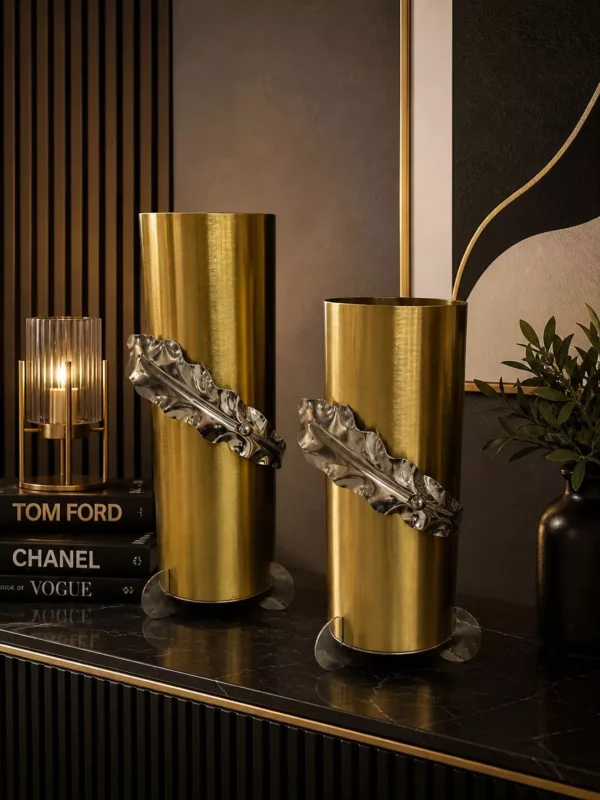 premium brushed gold vase with sculptural silver leaf set two piece modern textured mixed metal table decor premium brushed gold vase with sculptural silver leaf set two piece modern textured mixed metal table decor
