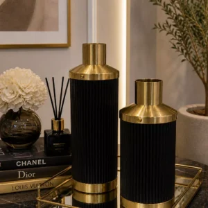 Home premium fluted black & gold vase set two pieces luxury ribbed cylinder table accent