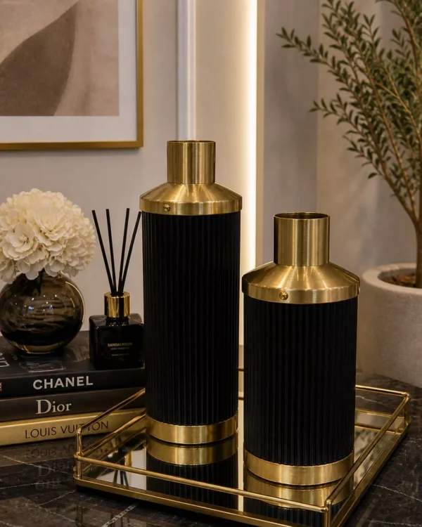 premium fluted black & gold vase set two pieces luxury ribbed cylinder table accent premium fluted black & gold vase set two pieces luxury ribbed cylinder table accent