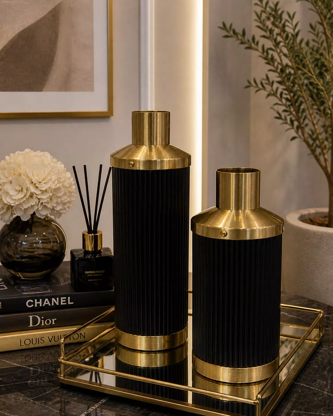 premium fluted black & gold vase set two pieces luxury ribbed cylinder table accent