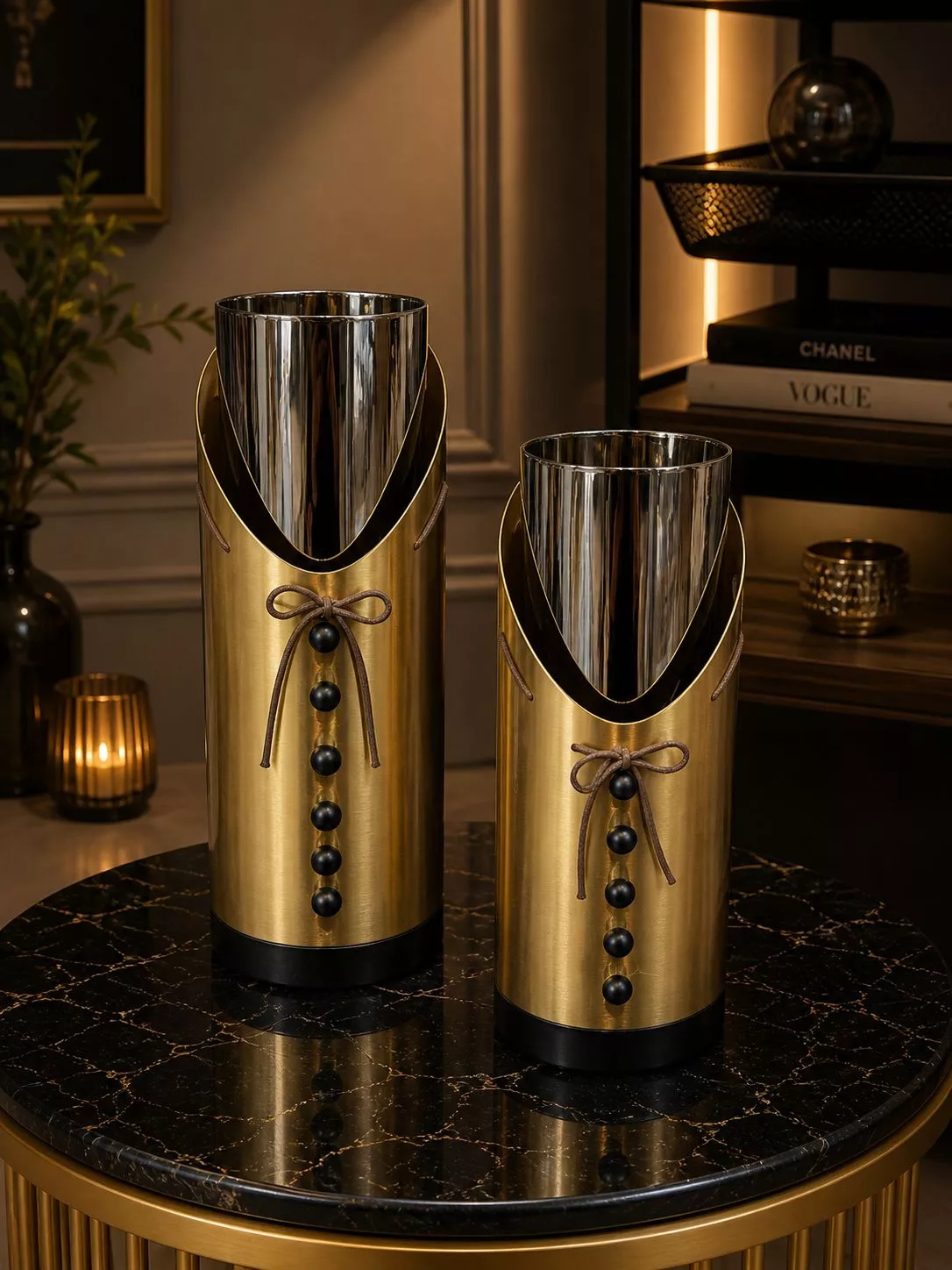 premium tailored gold & mirror glass vase set two pieces luxury tuxedo inspired table