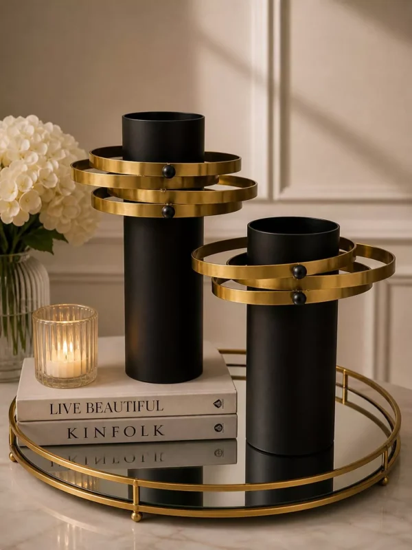 modern black and gold decorative vase set two pieces luxury geometric table centerpiece modern black and gold decorative vase set two pieces luxury geometric table centerpiece