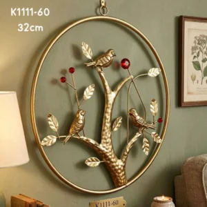 Home luxury golden metal round tree of life wall art with birds 32cm