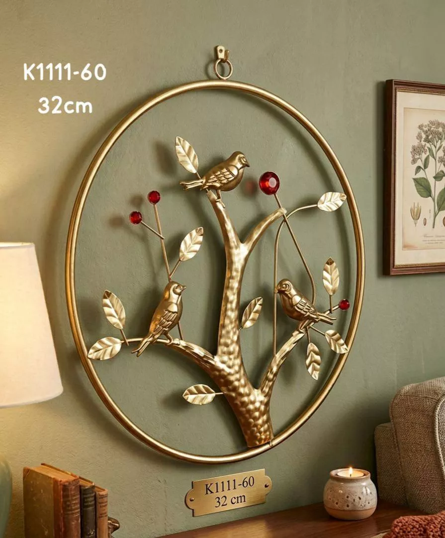luxury golden metal round tree of life wall art with birds 32cm